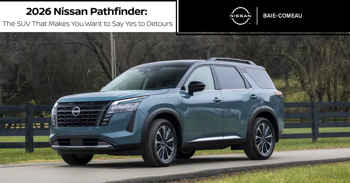 2026 Nissan Pathfinder on forest road near Baie-Comeau